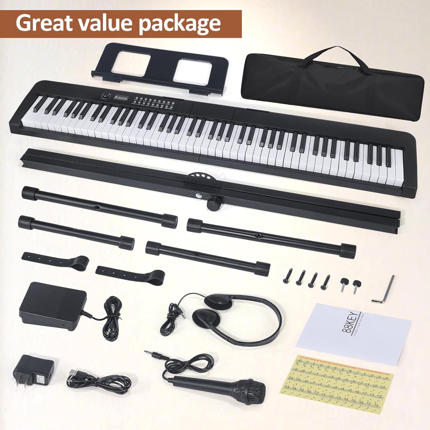 88 Key Piano Keyboard, Electric Digital Piano with Semi Weighted Keys, Keyboard Piano with Sustain Pedal, Power Supply, Stand, Carrying Case, Headphones, USB-MIDI Compatibility, for Beginner Adults